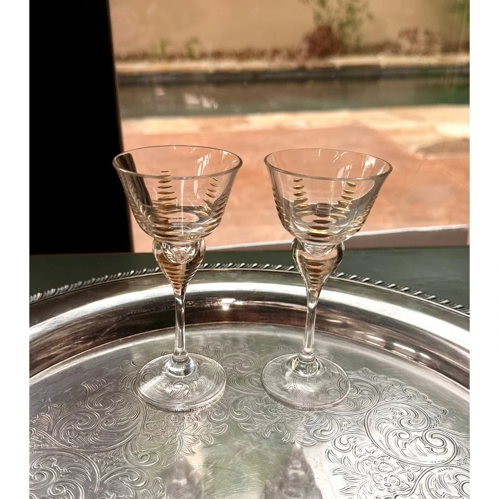 Vintage Gold Decorated Cordial Glasses Set of 12 Optic Spiral Stem‎ Cocktail Bar
